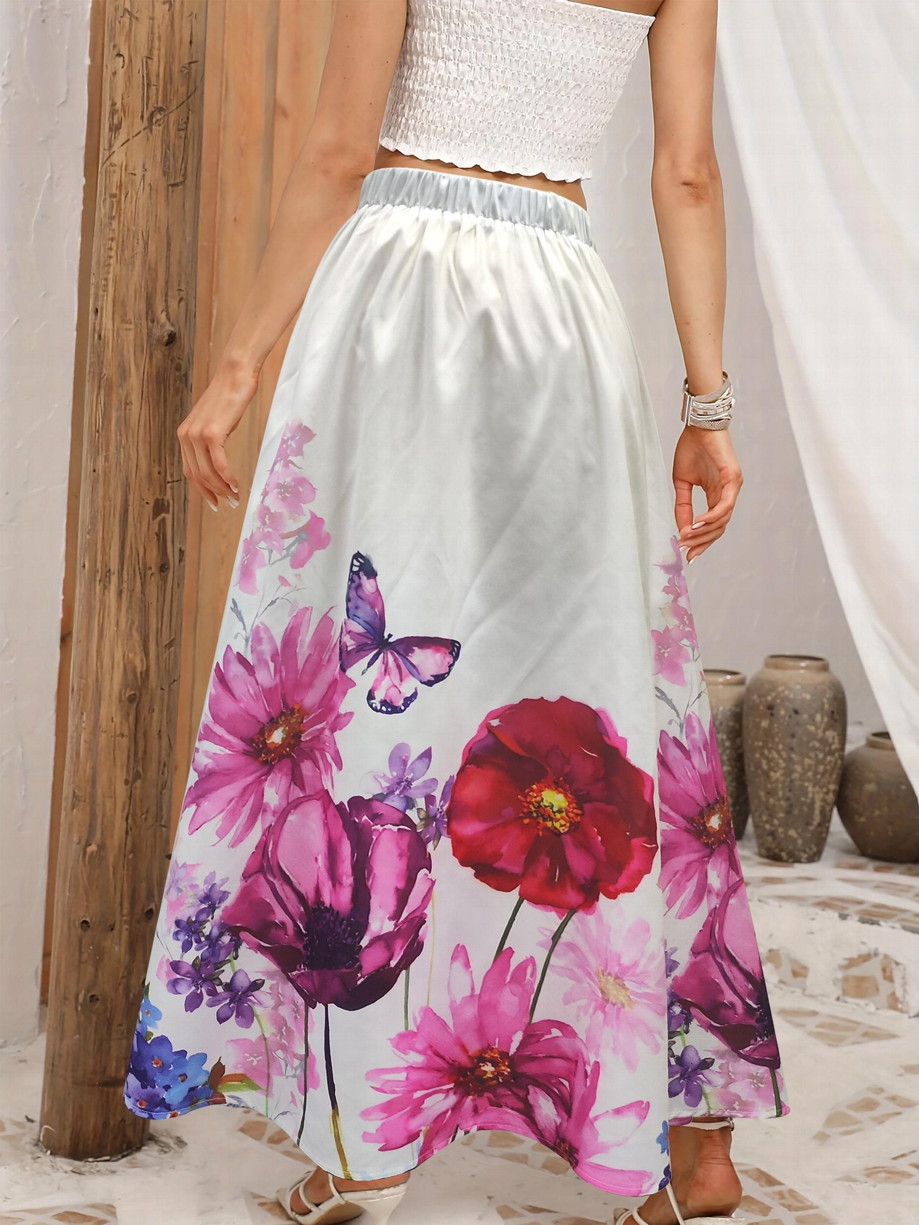 Women's Plus Floral Print Elastic High Rise A line Maxi Skirt