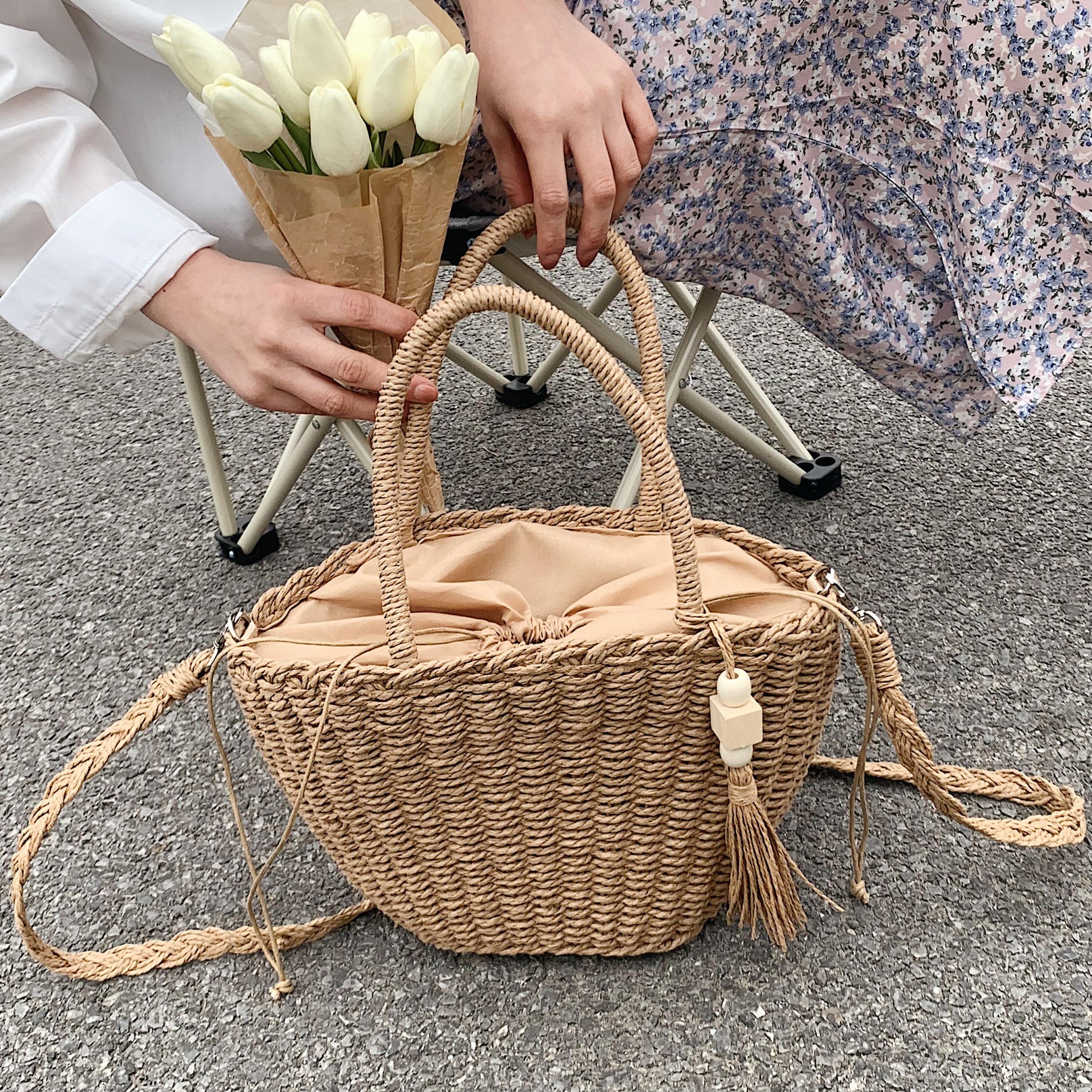 Retro Summer Beach Bag Rattan Handbag Women Hand-woven Straw Shoulder Bag