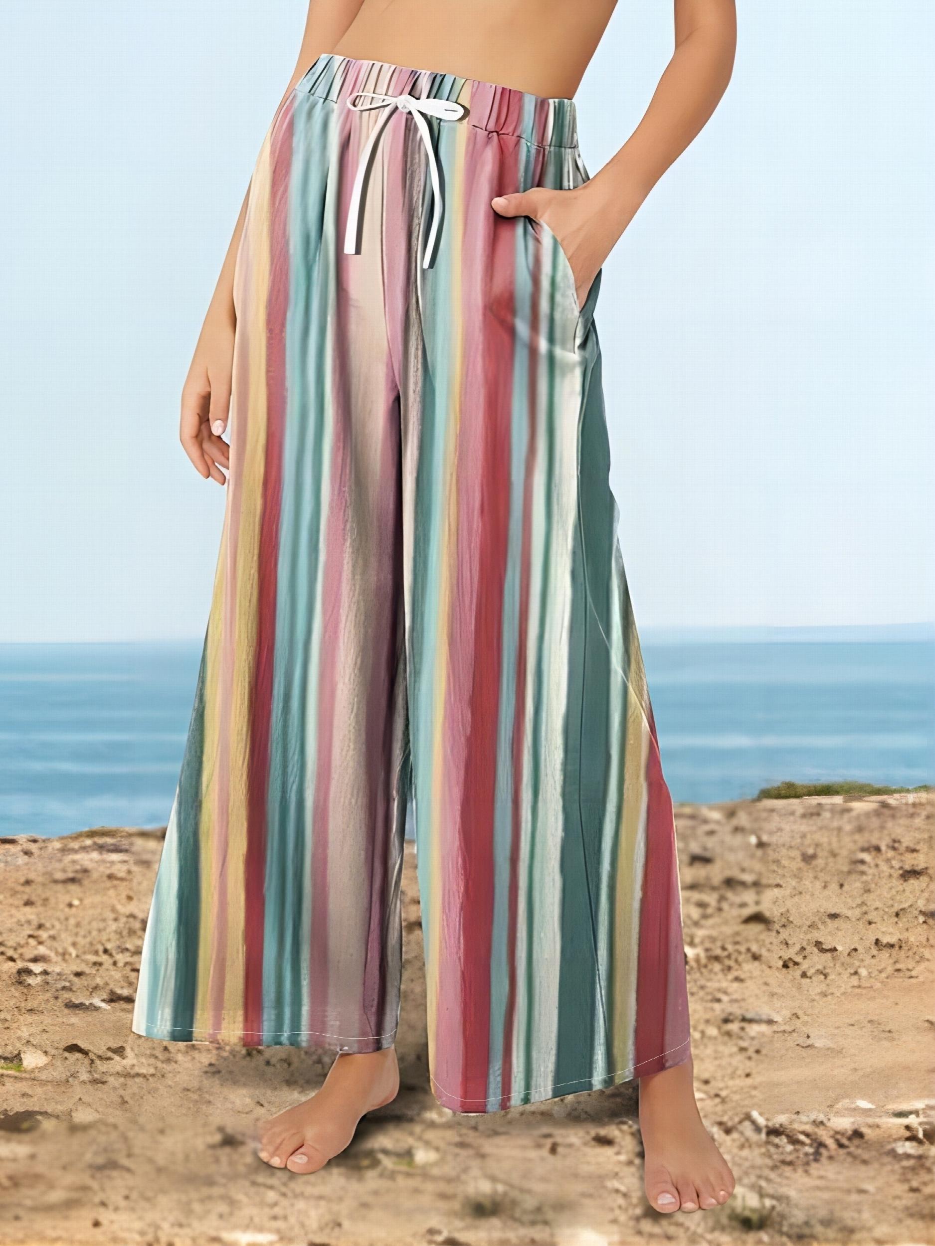 Casual Pants Women's Plus Stripe Wide Leg Trousers