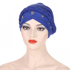 Beads Decor Braided Turban Cap Elastic Hijab Hat Lightweight Head Wraps