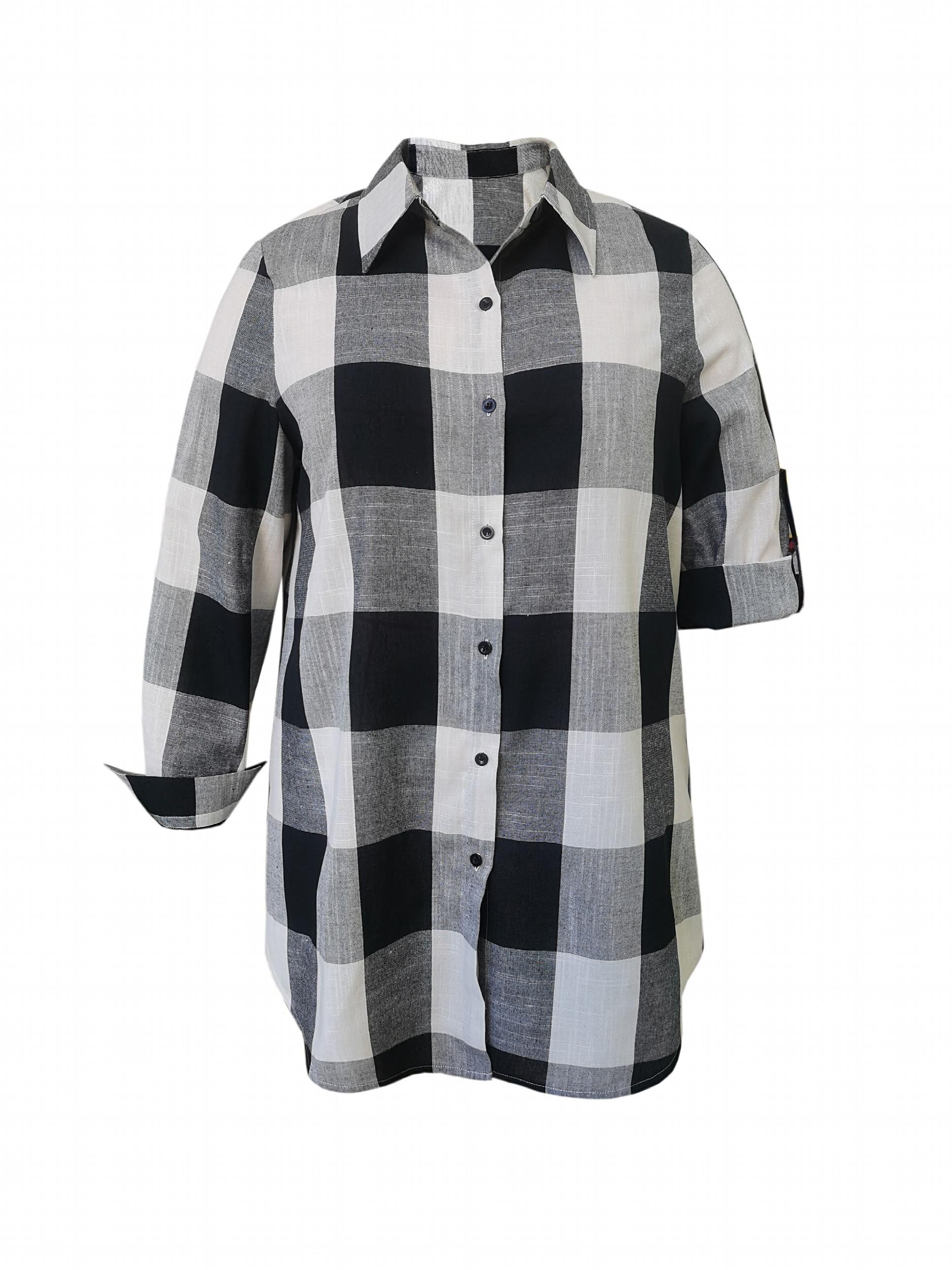  Gingham Button Up Collar Blouse