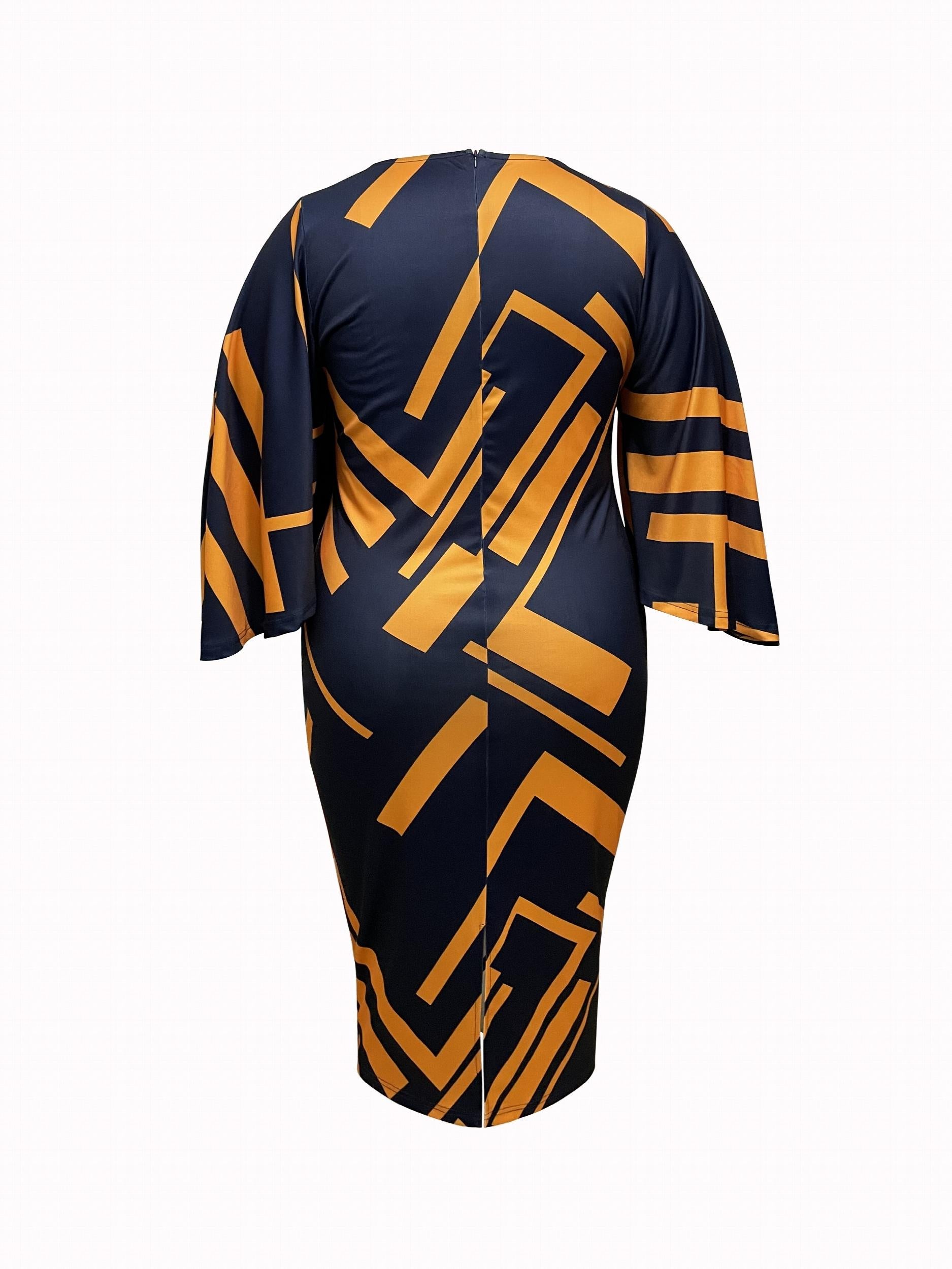 Geometric Print Round Neck Bodycon Midi Dress