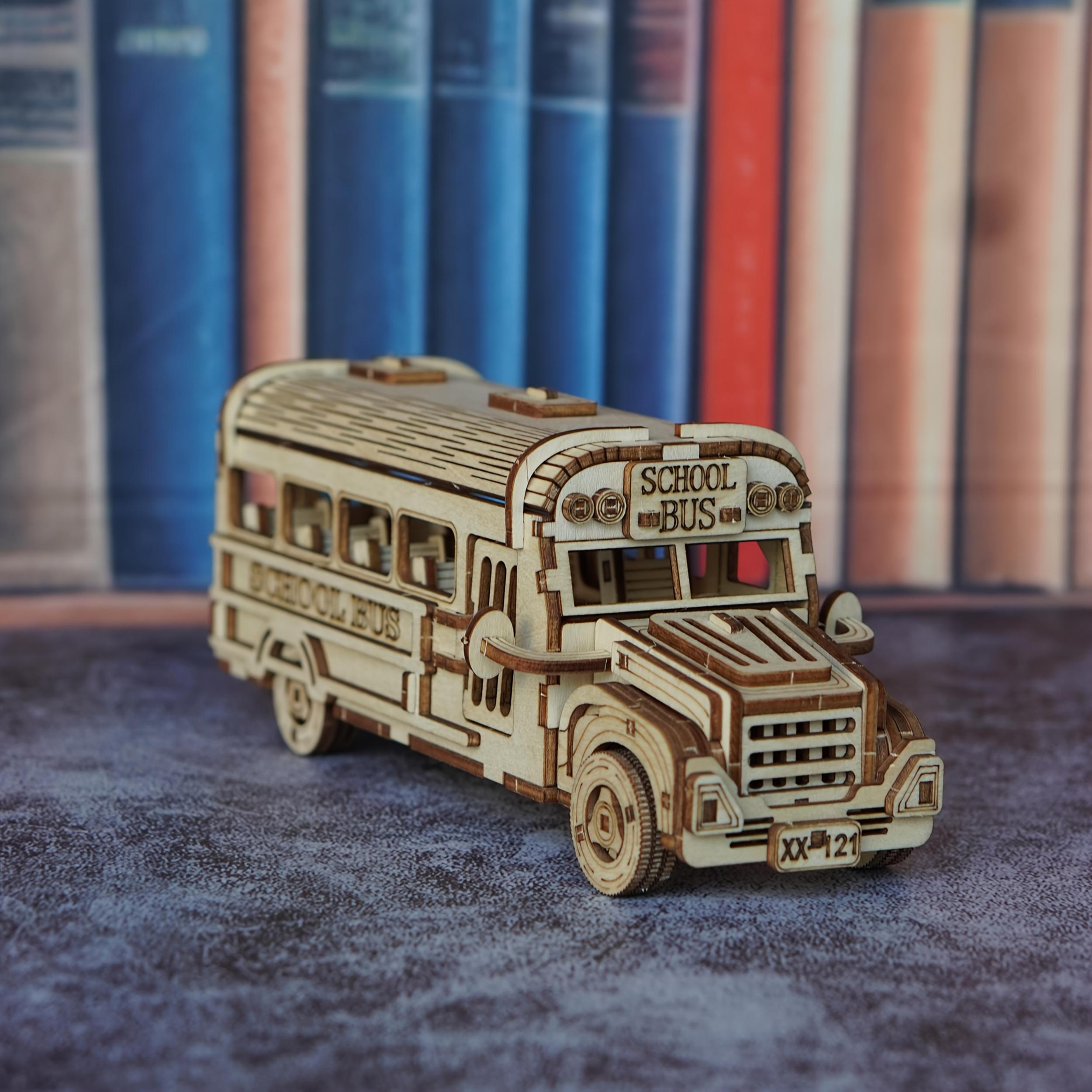 3D Wooden Puzzle School Bus Model American Style Toy Bus DIY Car Model