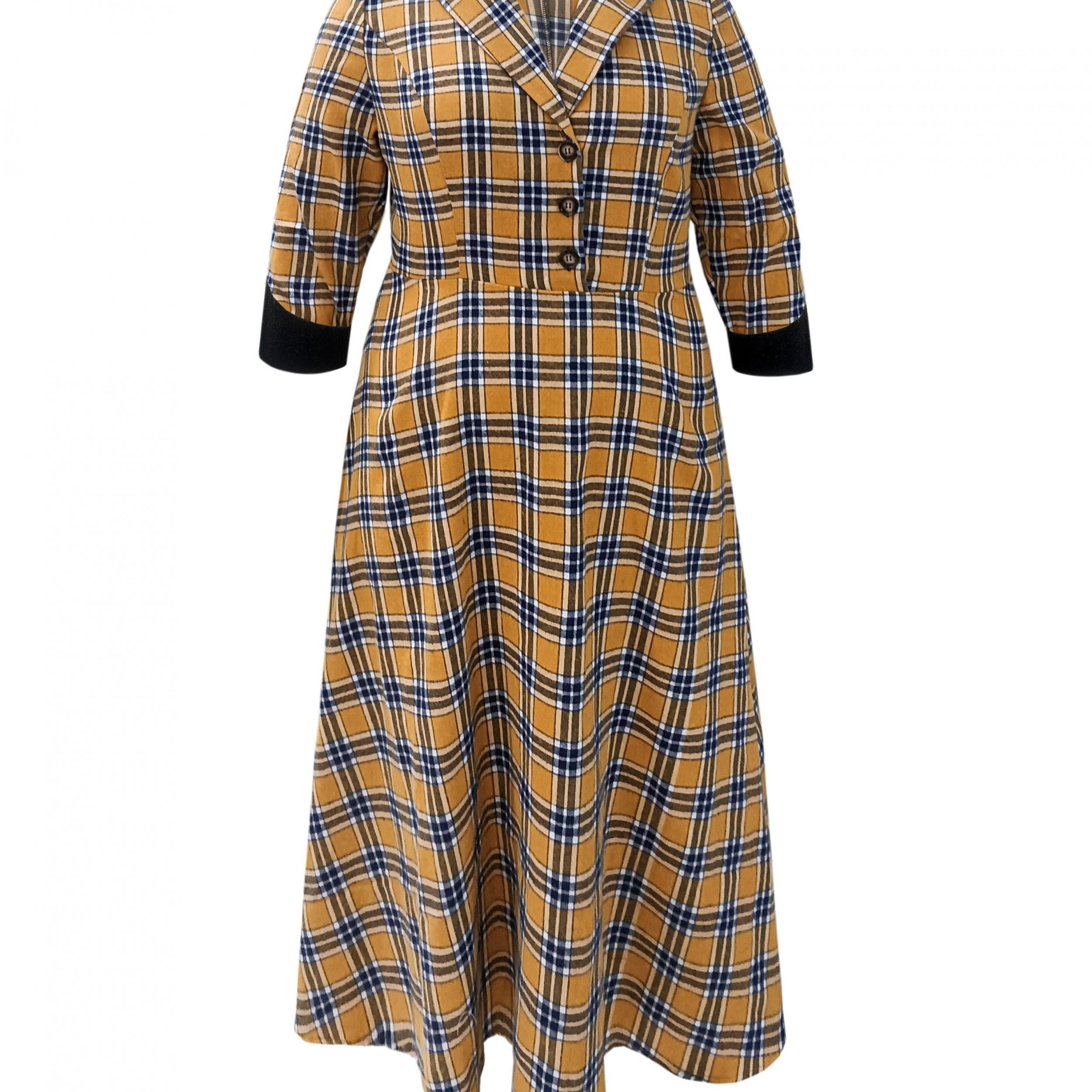  Plaid Print Button Detail A line Maxi Dress