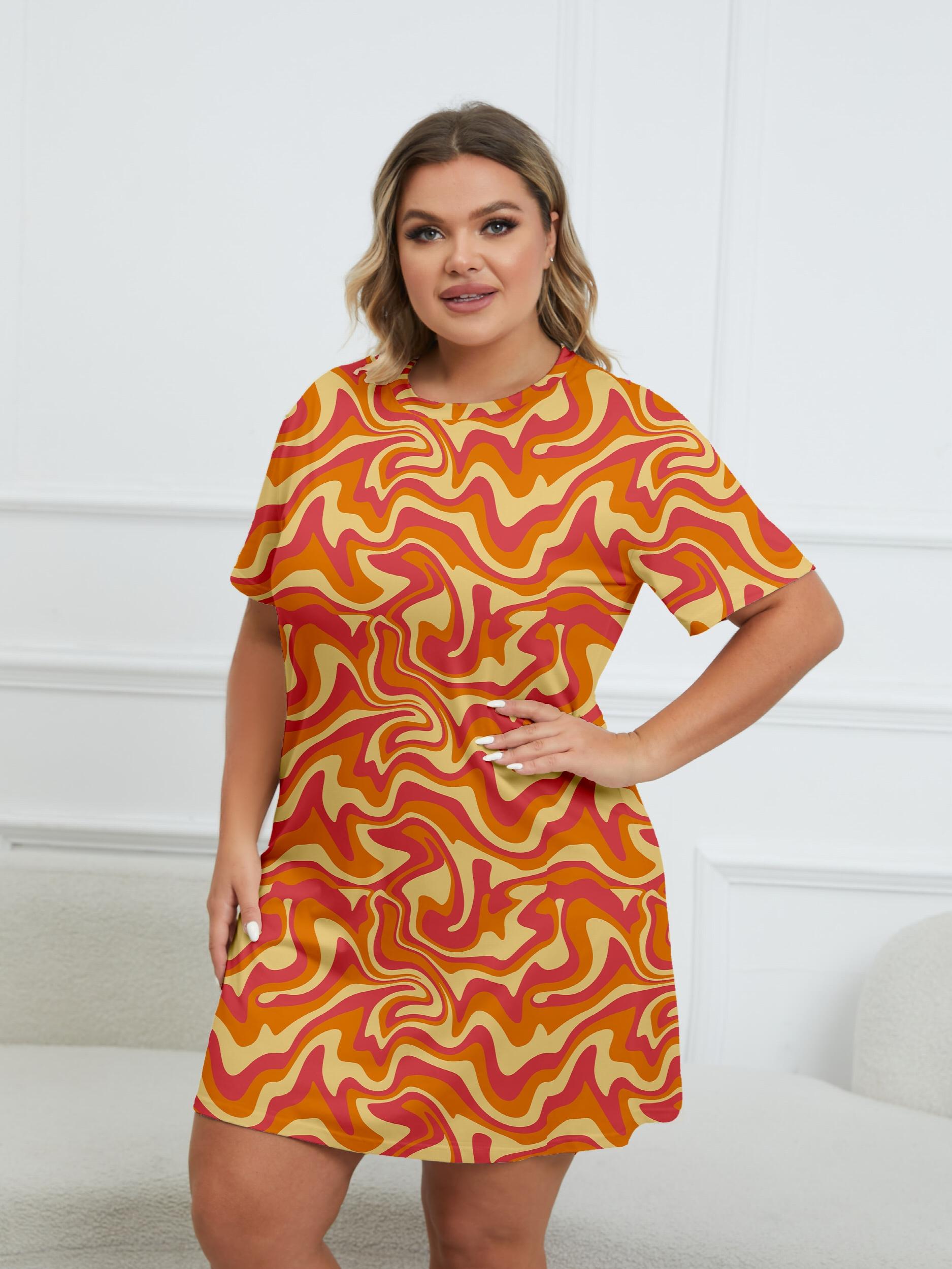  Wavy Print Round Neck Short Sleeve Dress