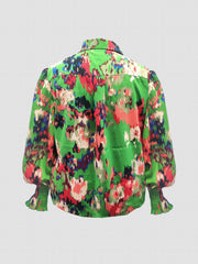  Colorblock Button Up Lantern Sleeve Blouse