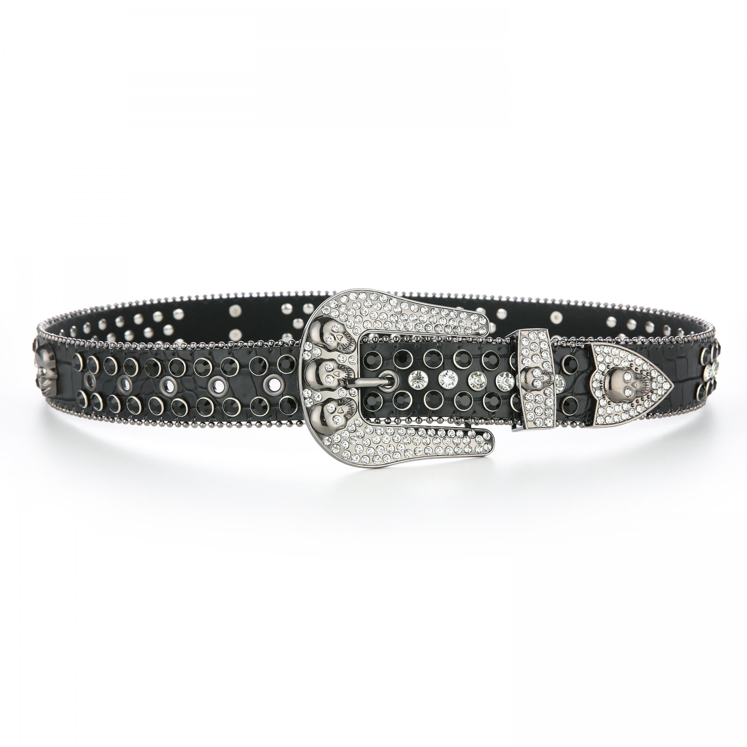 Y2K Rhinestone Skull Buckle Leopard Belt Hip Hop Cowboy Cowgirl PU Leather
