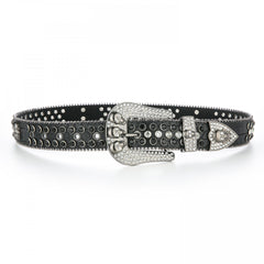 Y2K Rhinestone Skull Buckle Leopard Belt Hip Hop Cowboy Cowgirl PU Leather