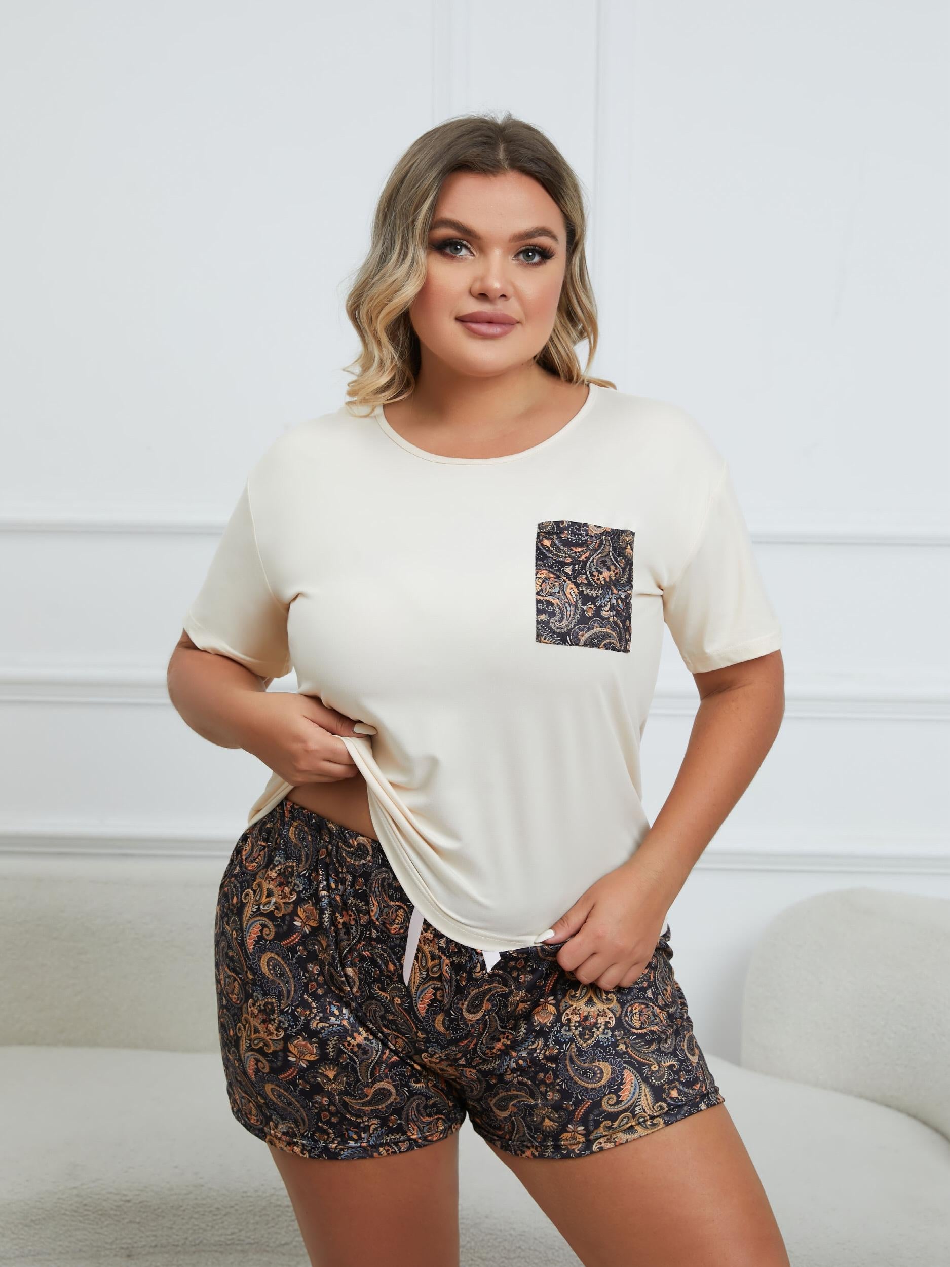  Paisley Print Short Sleeve Tee & Bow Knot Shorts Pajama 2 Piece Set