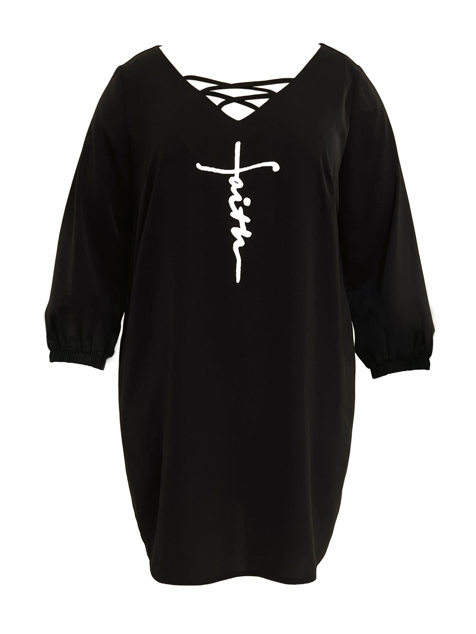  Casual Dress Cross Letter Print Lantern Sleeve Tee Dress