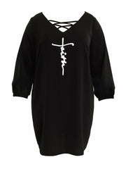  Casual Dress Cross Letter Print Lantern Sleeve Tee Dress