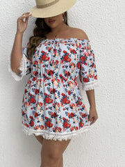 Vacay Blouse Women's Plus Shirred Rose Print Off Shoulder Tie Blouse