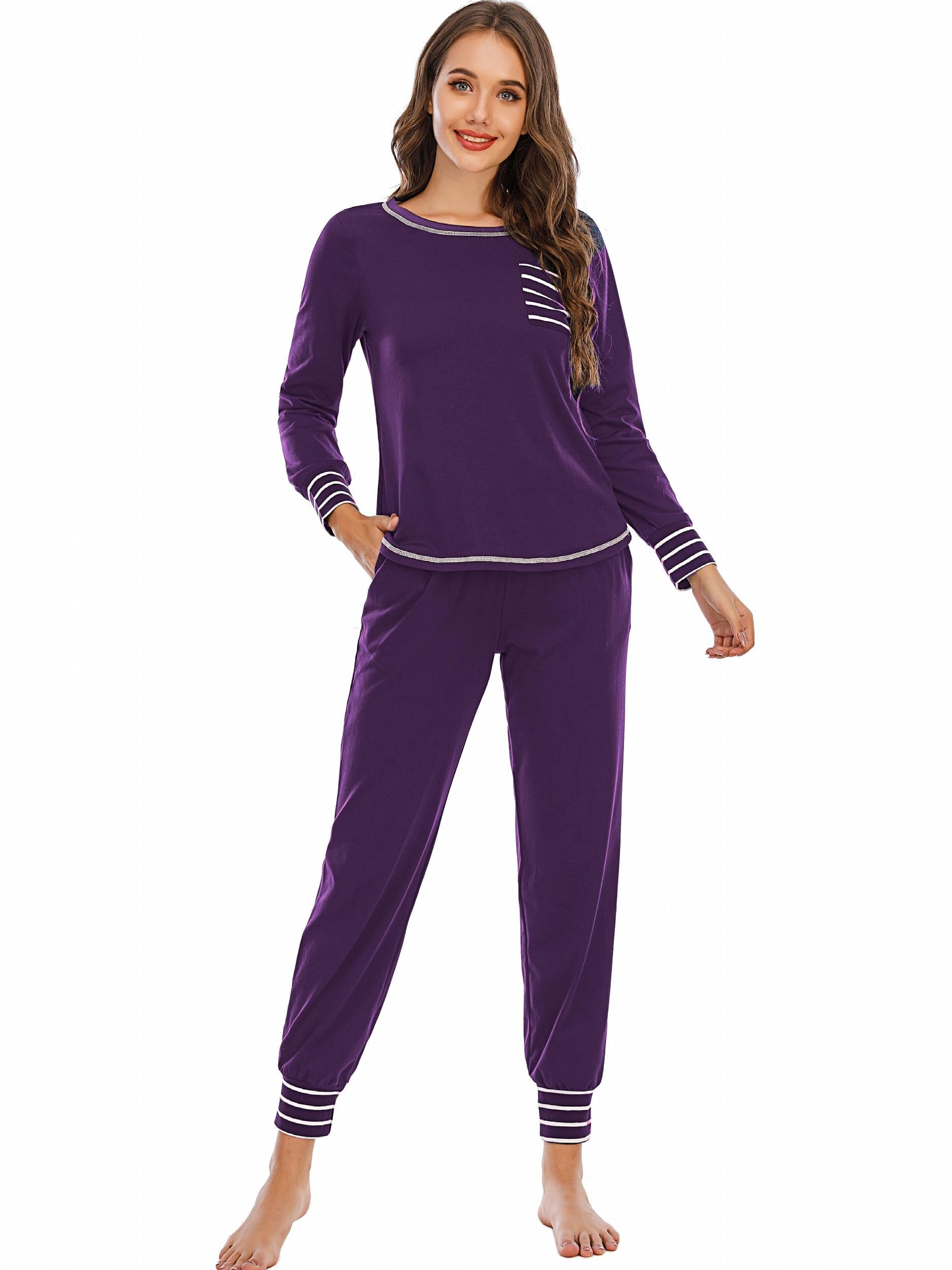Striped Print Lounge Set Long Sleeve Top & Elastic Waistband Pants