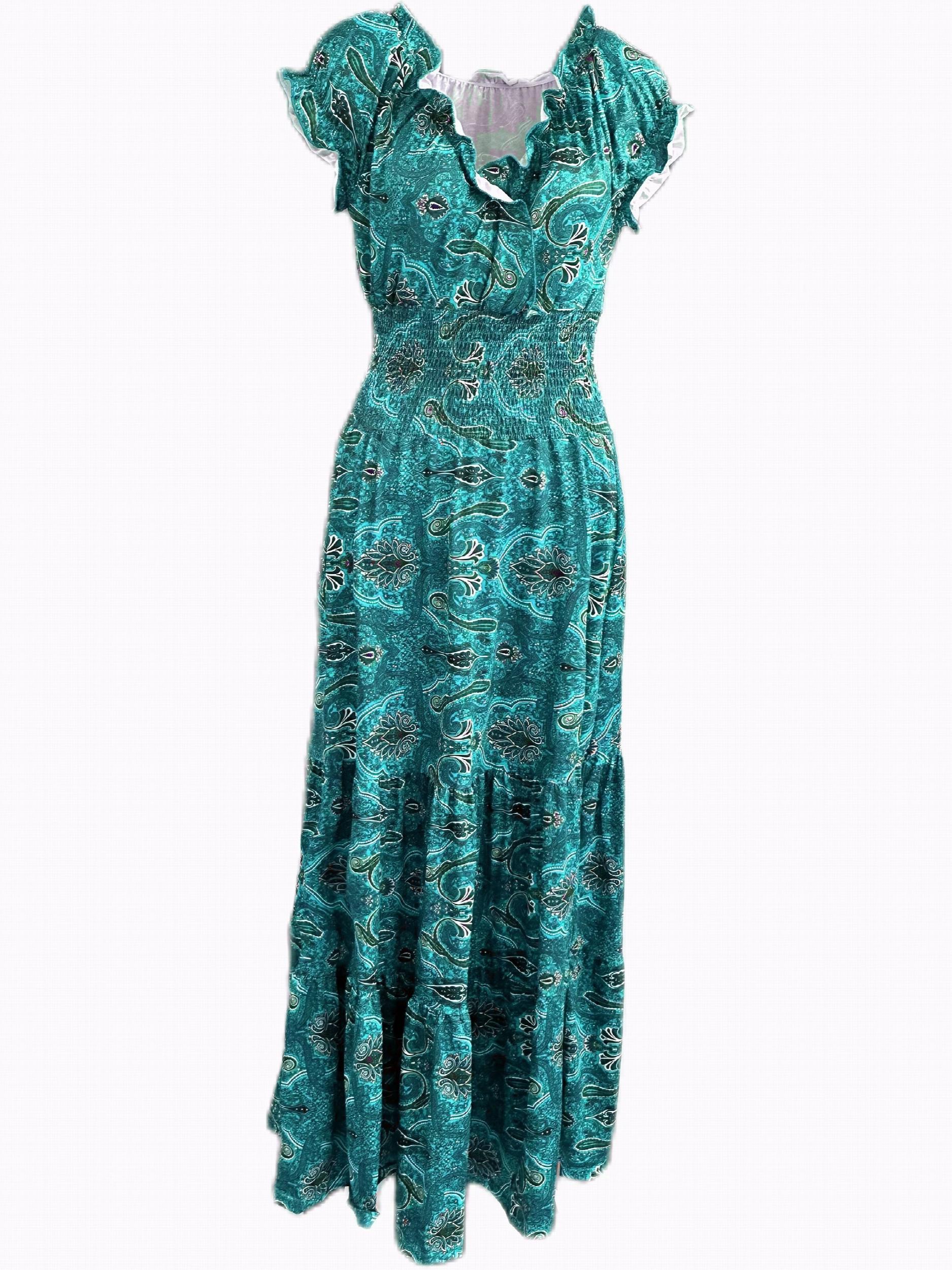  Floral Print Bubble Sleeve V Neck Nipped Waist Maxi Dress