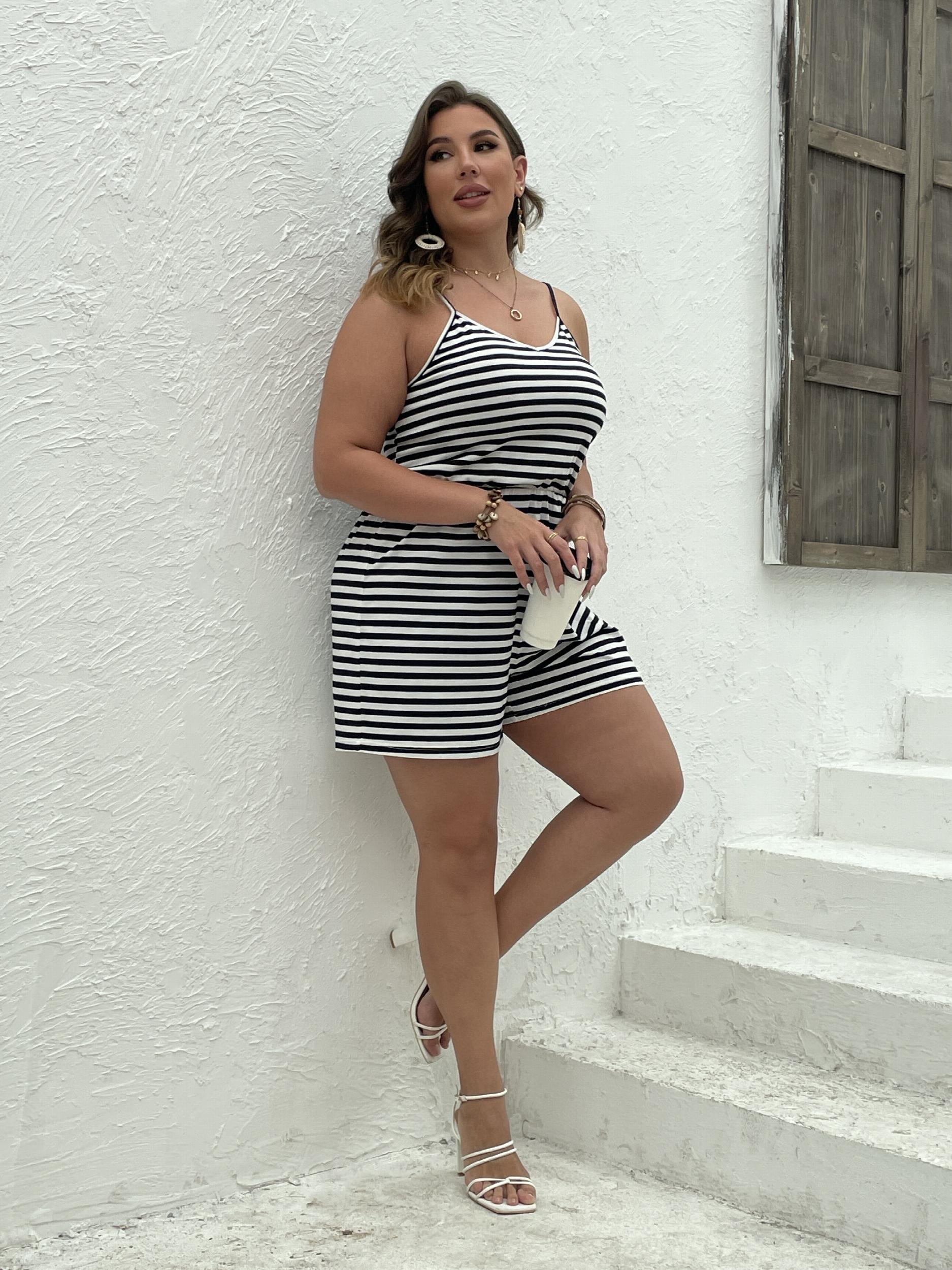  Stripe Print V Neck Stretch Romper