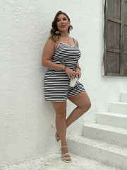  Stripe Print V Neck Stretch Romper