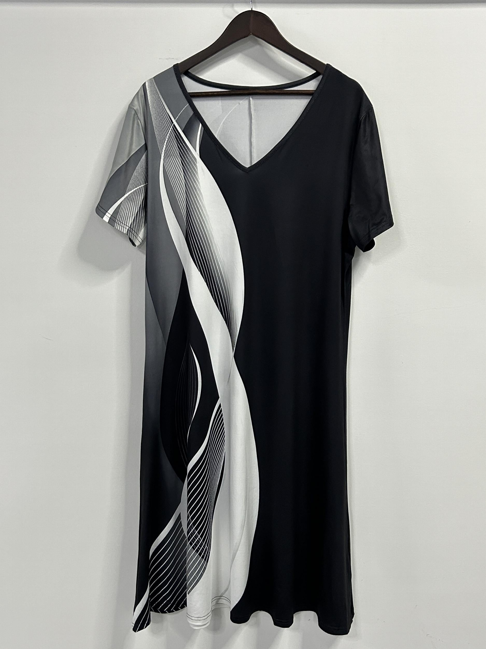  Casual Dress Women's Plus Colorblock Stripe Print Dress