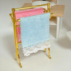 Dollhouse Golden Towel Rack Set with Pink Towels
