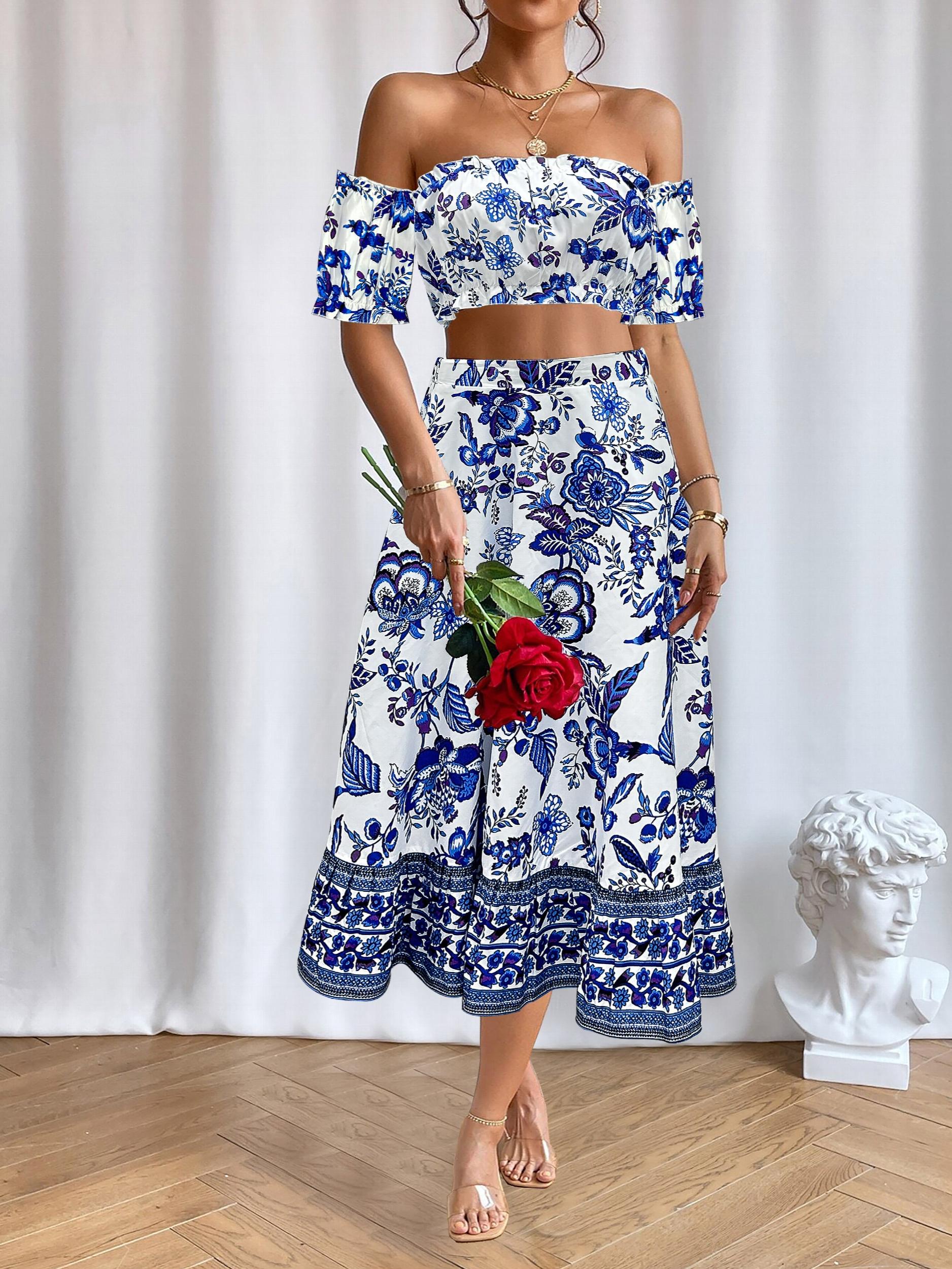  Floral Print Bubble Sleeve Off Shoulder Crop Top & Skirt Set