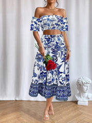  Floral Print Bubble Sleeve Off Shoulder Crop Top & Skirt Set