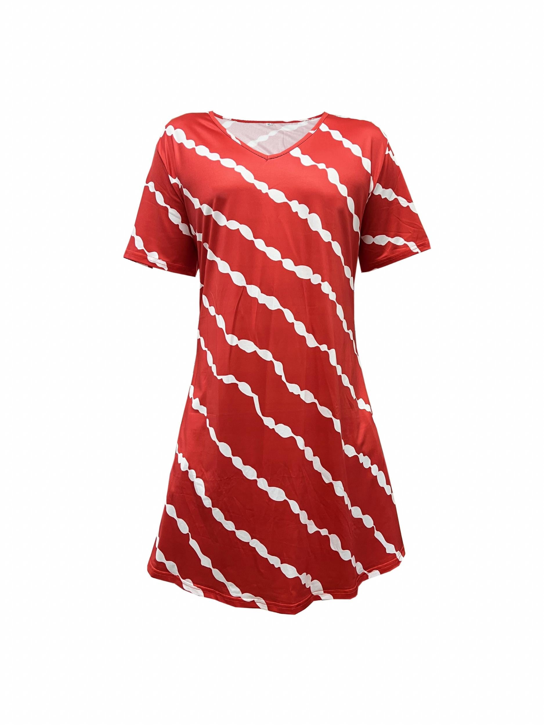  Stripe Print V Neck Medium Stretch Dress