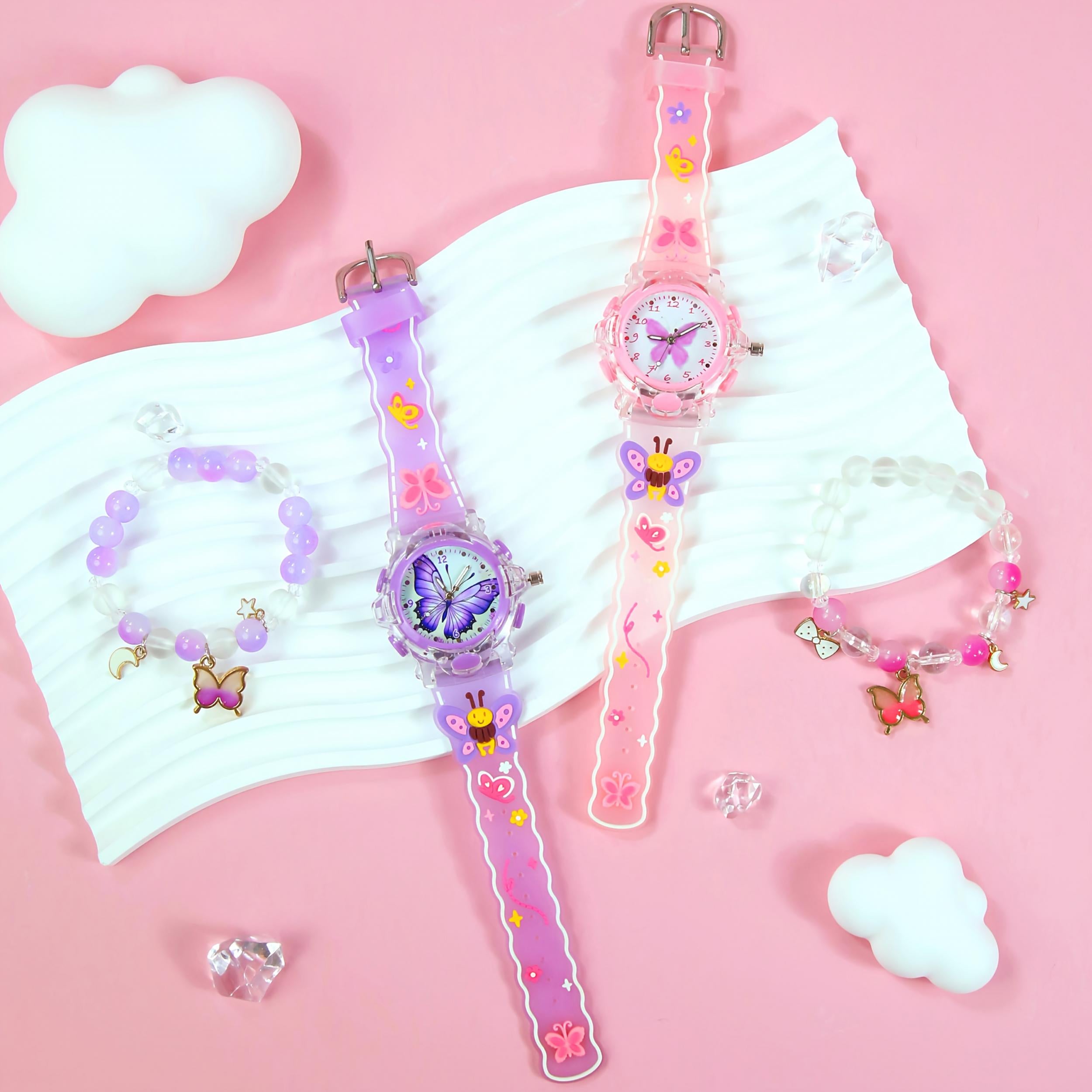 2pcs Girls' Quartz Watch Set with Butterfly Silicone Strap & LED Light