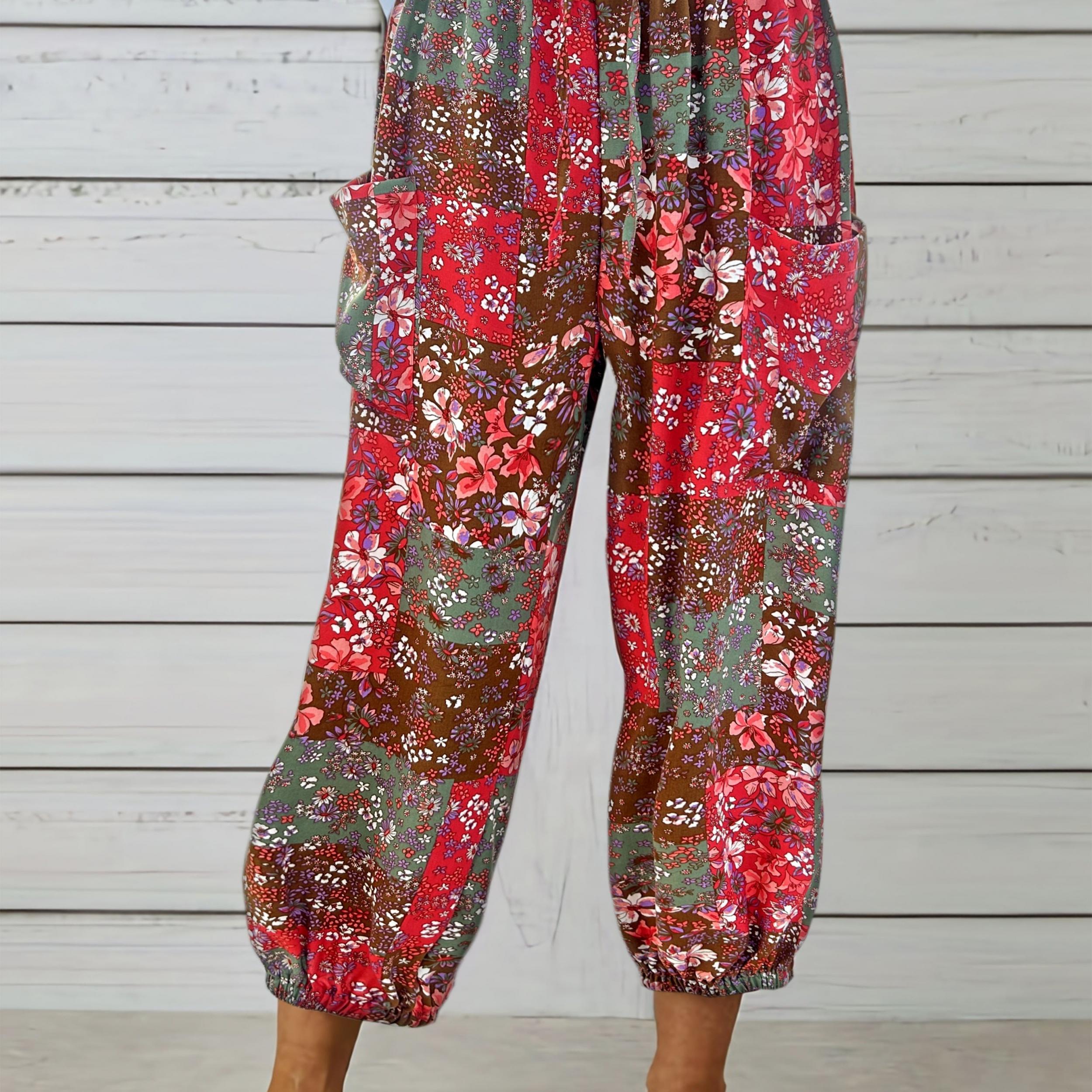  Floral Print Sporty Pants with Pockets