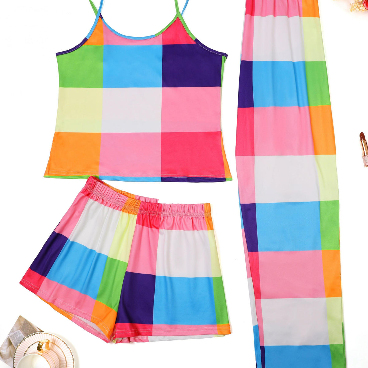  Colorful Plaid Cami Top & Shorts & Pants Pajamas Set