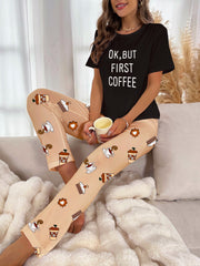 Letter Print Pajama Set Short Sleeve Top & Pants Sleepwear