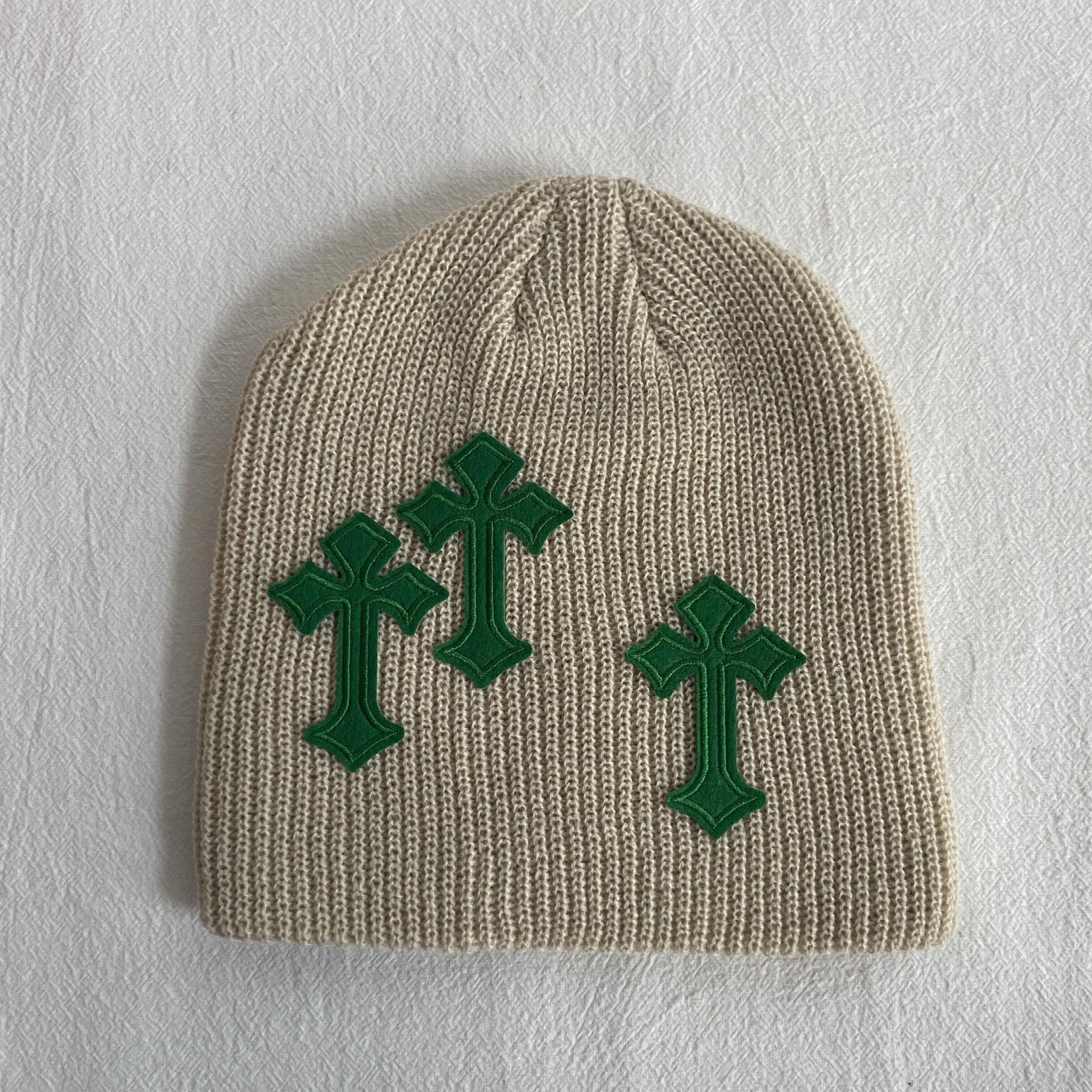 Gothic Cross Patch Knitted Beanie Solid Skull Hat Hip Hop Warm Knit Hat