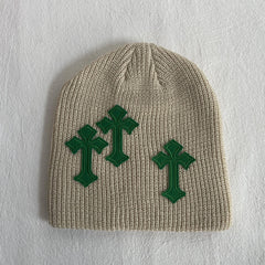 Gothic Cross Patch Knitted Beanie Solid Skull Hat Hip Hop Warm Knit Hat
