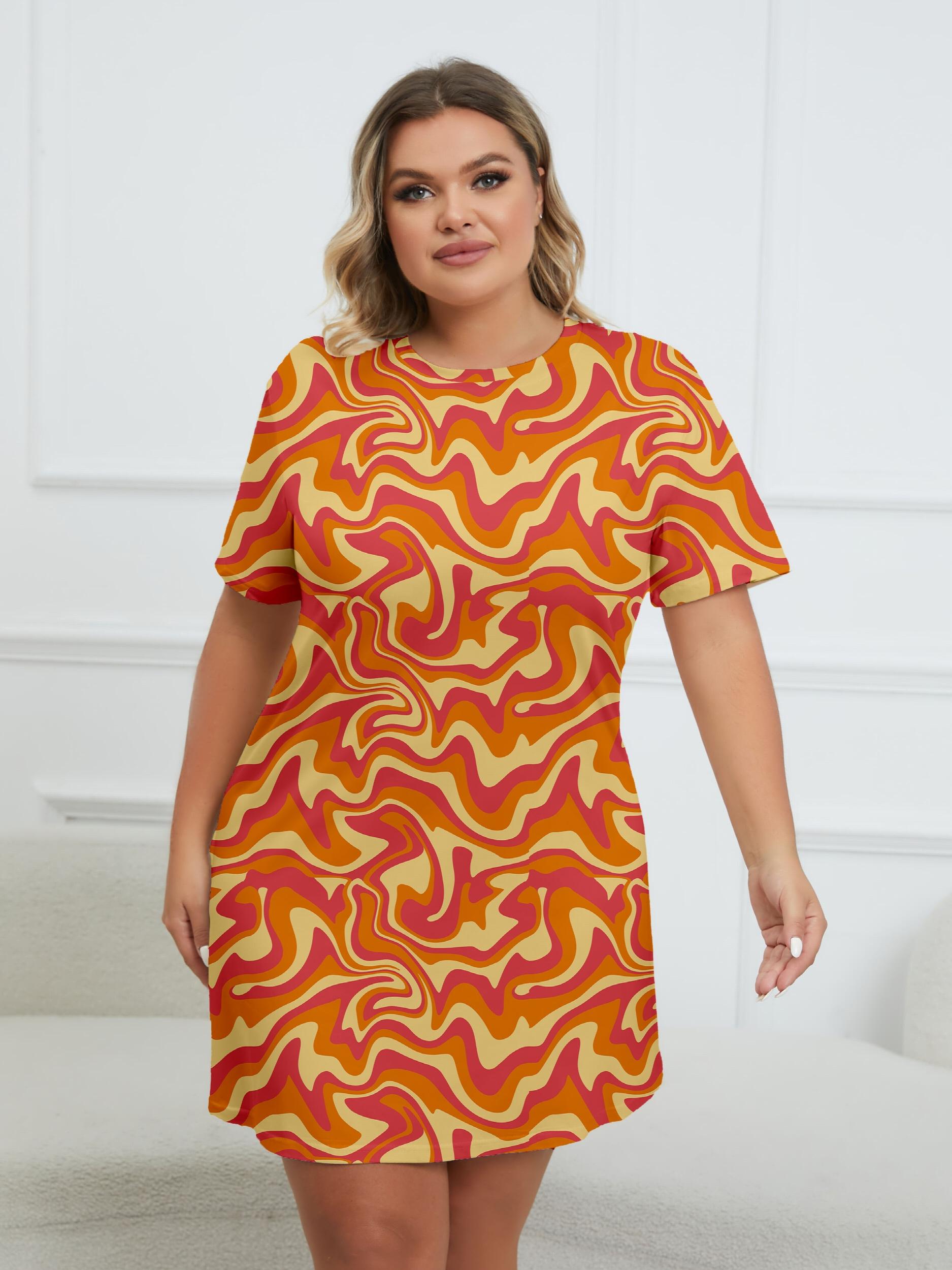  Wavy Print Round Neck Short Sleeve Dress