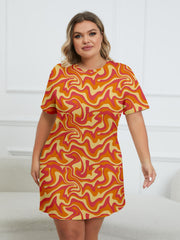  Wavy Print Round Neck Short Sleeve Dress