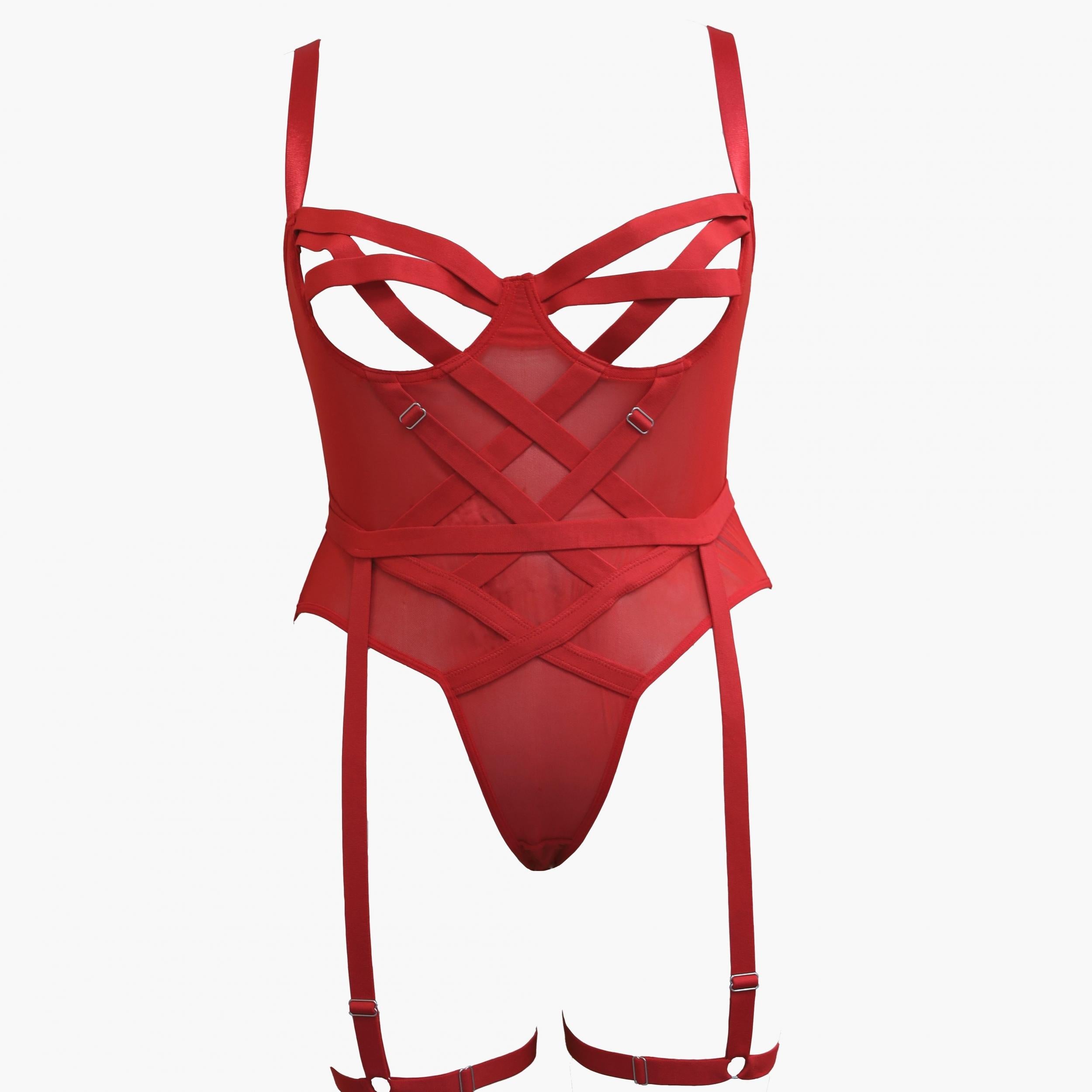  Open Cup Crisscross Mesh Gartered Teddy Bodysuit