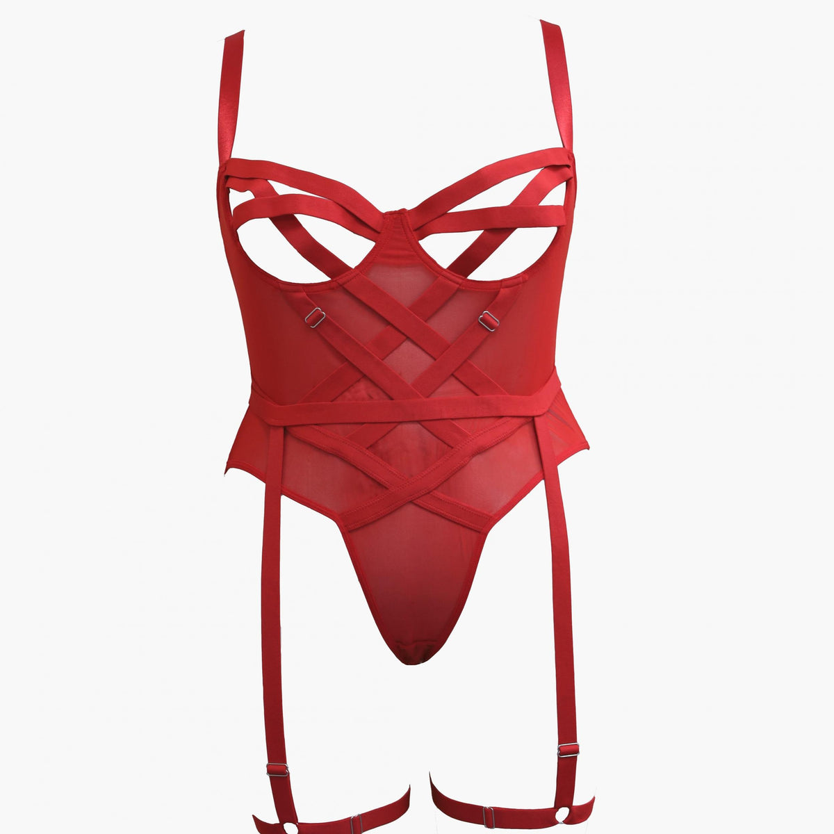  Open Cup Crisscross Mesh Gartered Teddy Bodysuit