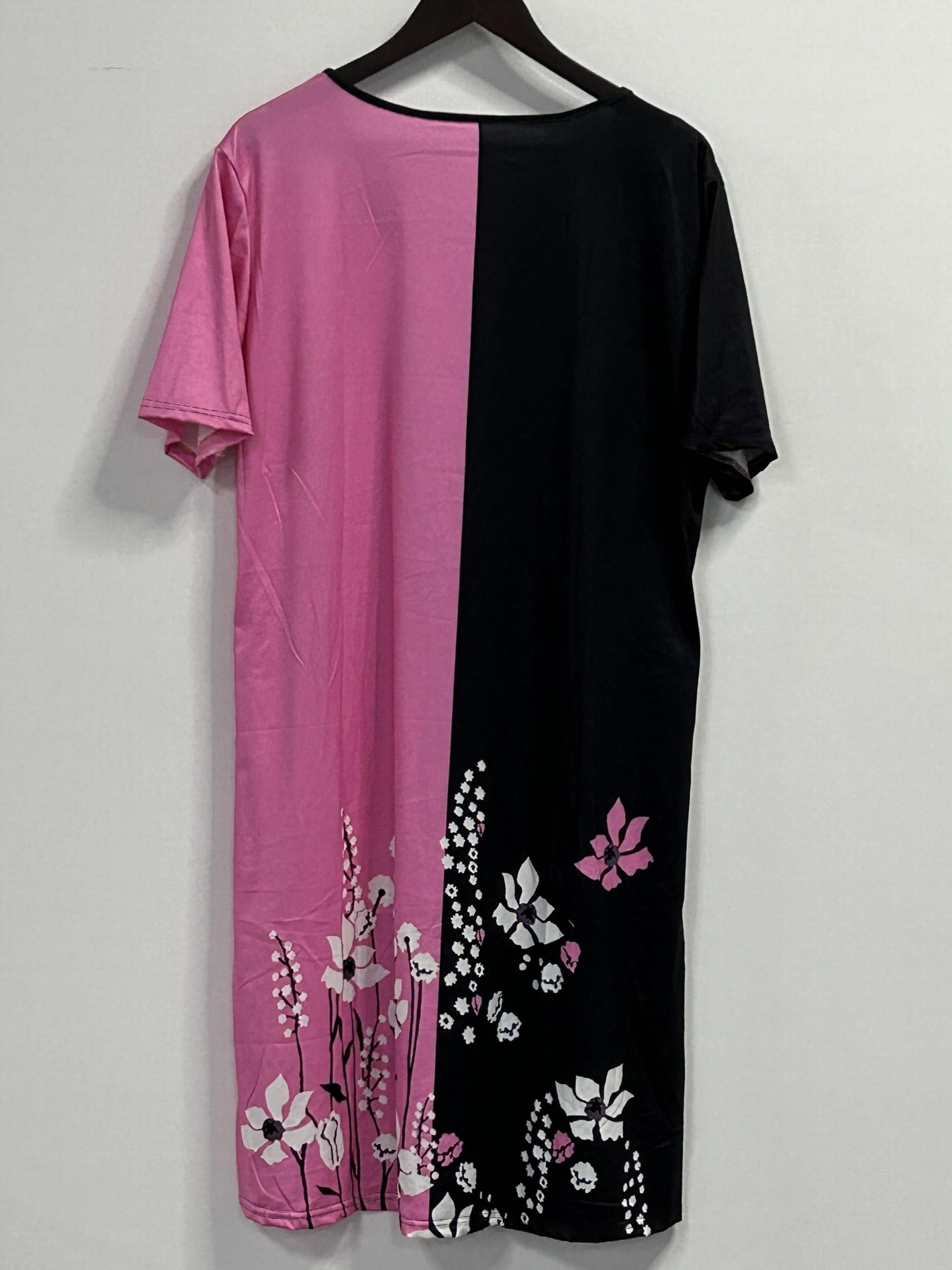  Colorblock Floral Print Short Sleeve Dress with Pockets