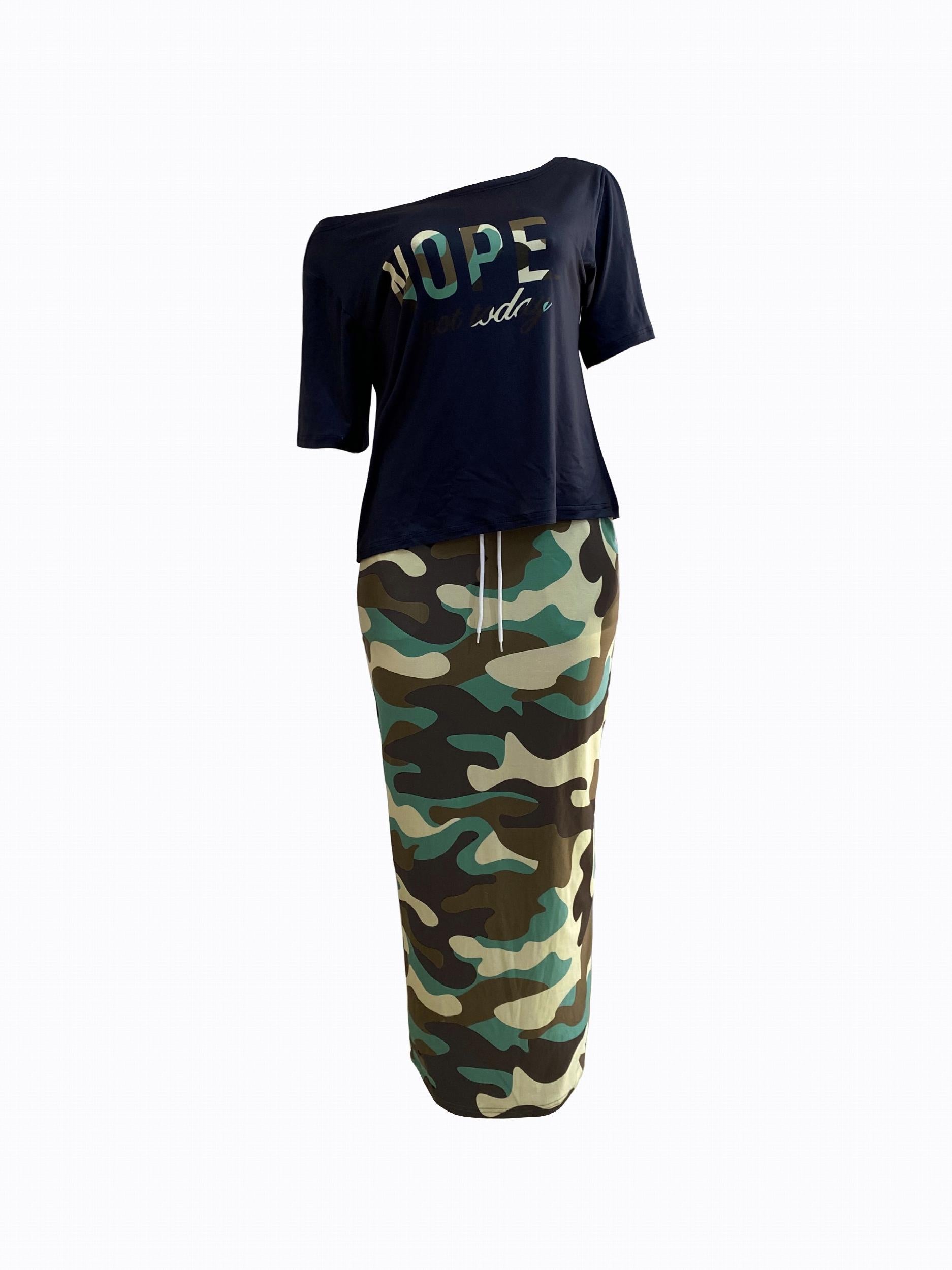 Casual Two piece Skirt Set Letter Print Top & Camouflage Drawstring Split Skirt