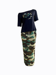 Casual Two piece Skirt Set Letter Print Top & Camouflage Drawstring Split Skirt