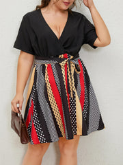  Colorblock Polka Dot Print Short Sleeve Dress