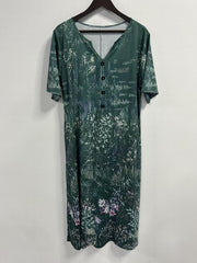 Women's Plus Floral Print Button Decor Short Sleeve Notched Neck Dress