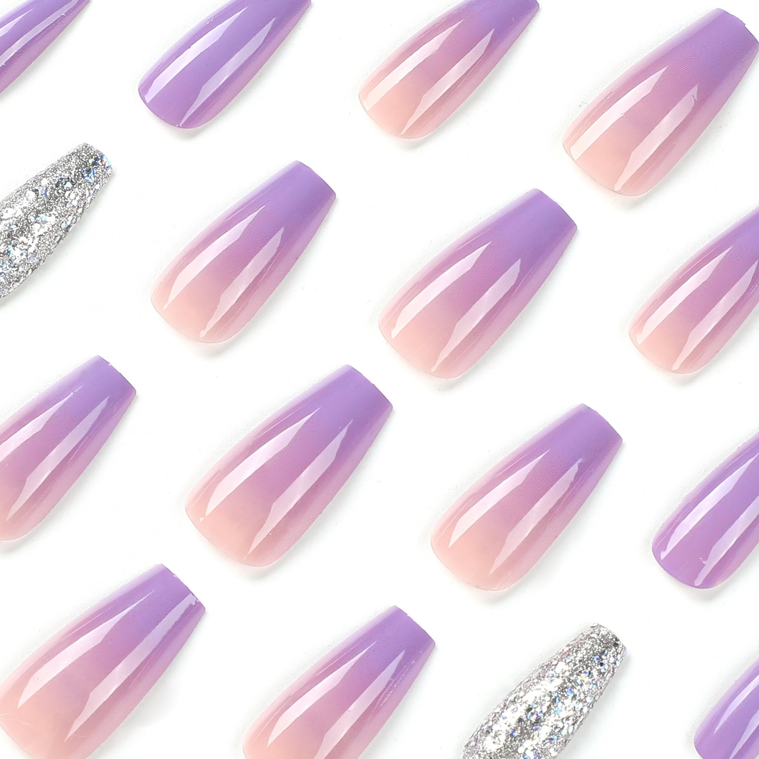 24 pcs Gradient Purple Coffin Glitter Press On Nails Glossy False Nails