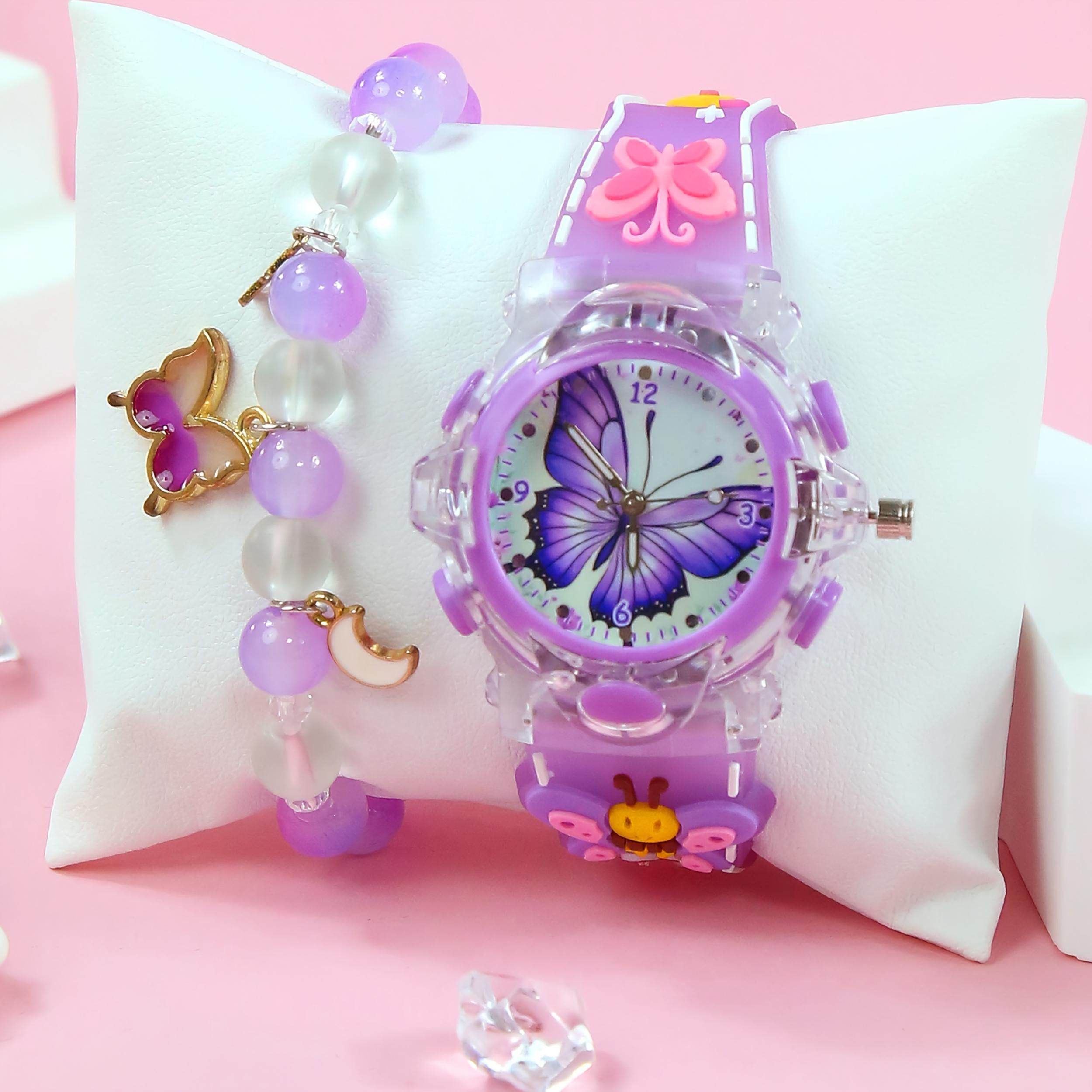 2pcs Girls' Quartz Watch Set with Butterfly Silicone Strap & LED Light