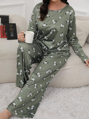  Floral Print Pajama Set Long Sleeve Tee & Pants Lounge 2 Piece