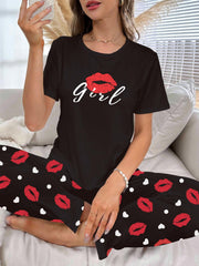 Lips Print Pajama Set Short Sleeve Top & Elastic Waistband Pants