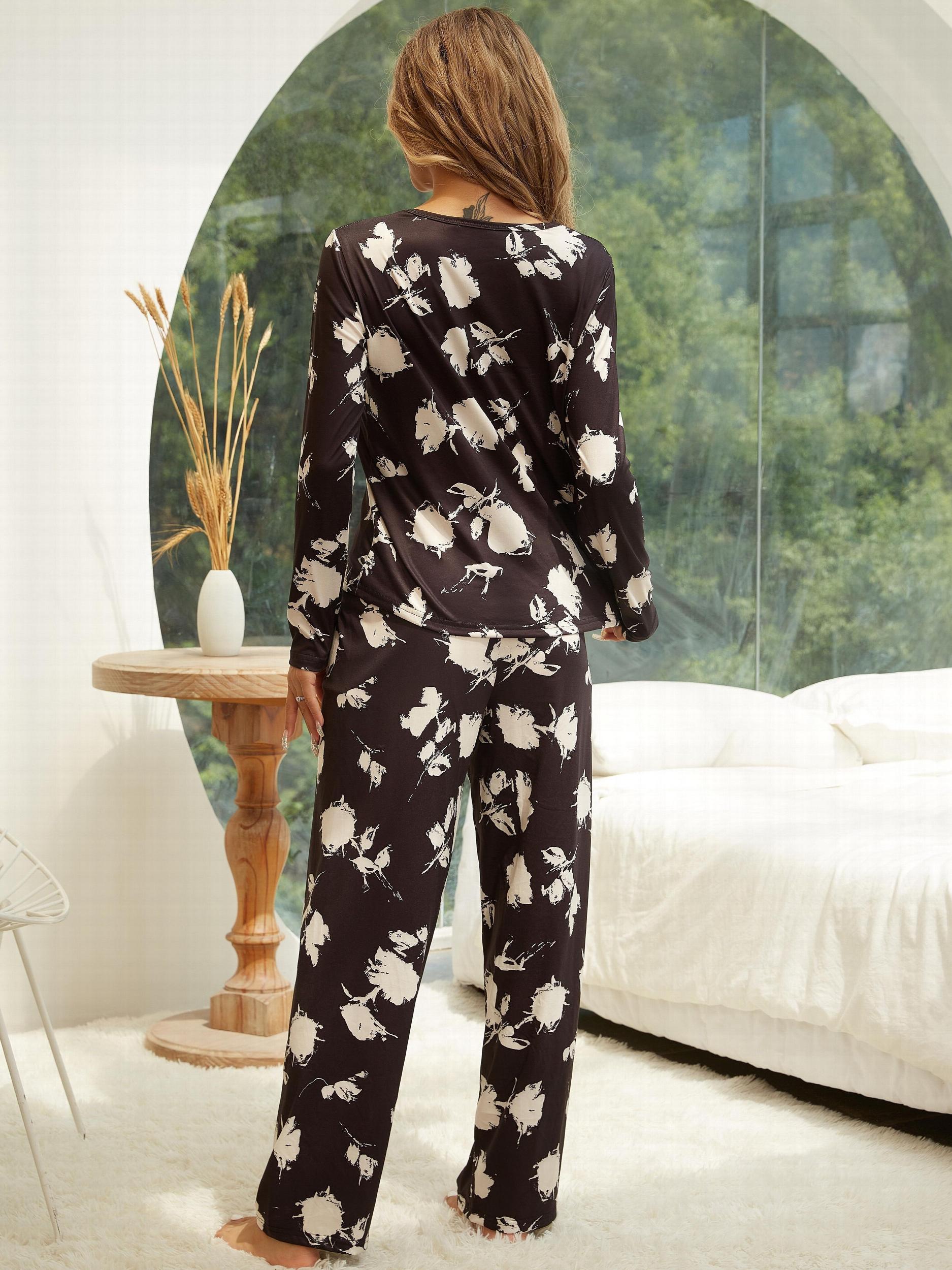 Floral Print Lounge Set Long Sleeve Top & Elastic Waist Pants Women's Loungewear