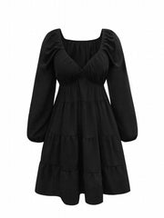  Lantern Sleeve V Neck Smock Pleated Dress