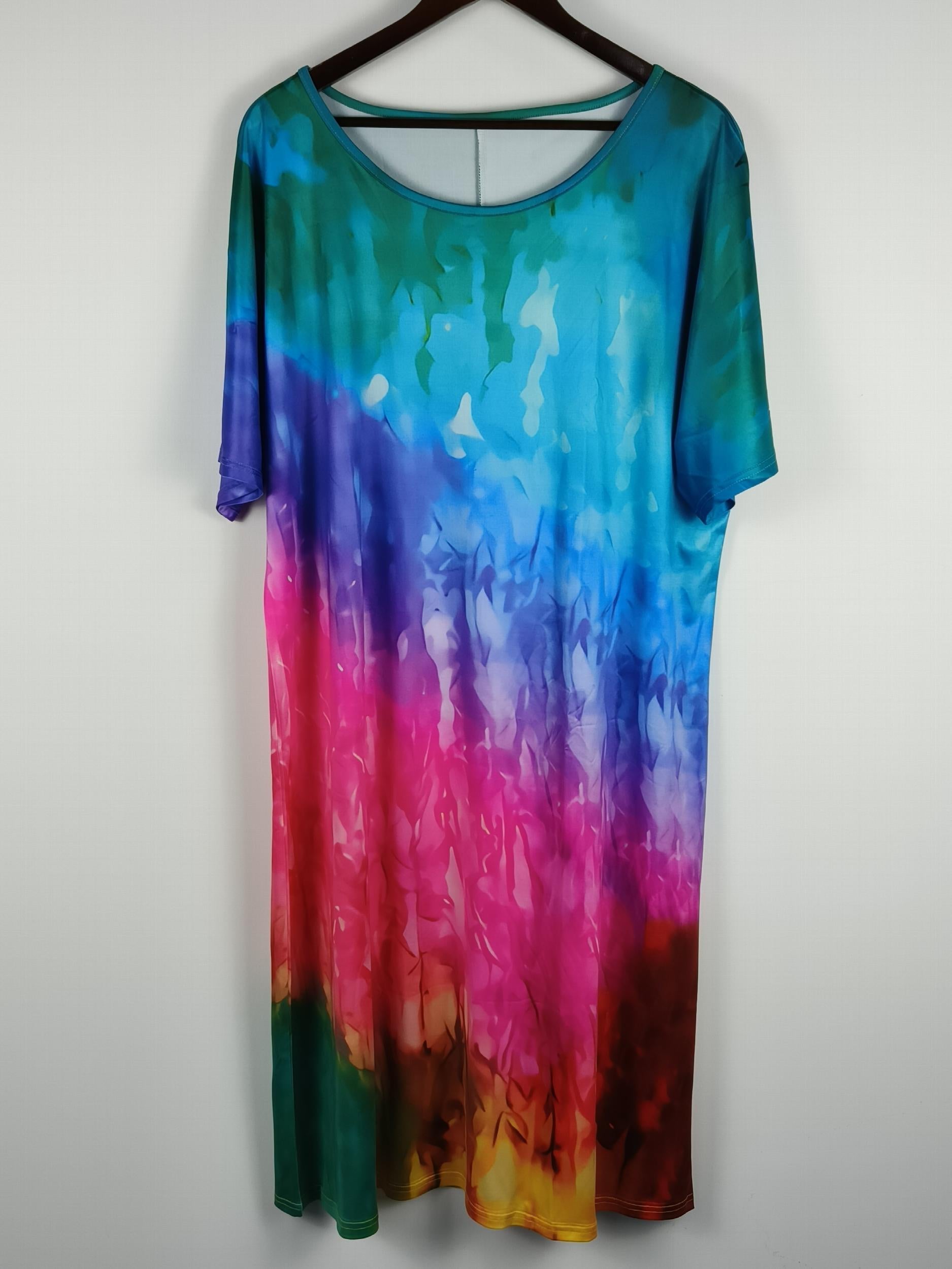  Colorblock Ombre Print Tee Dress