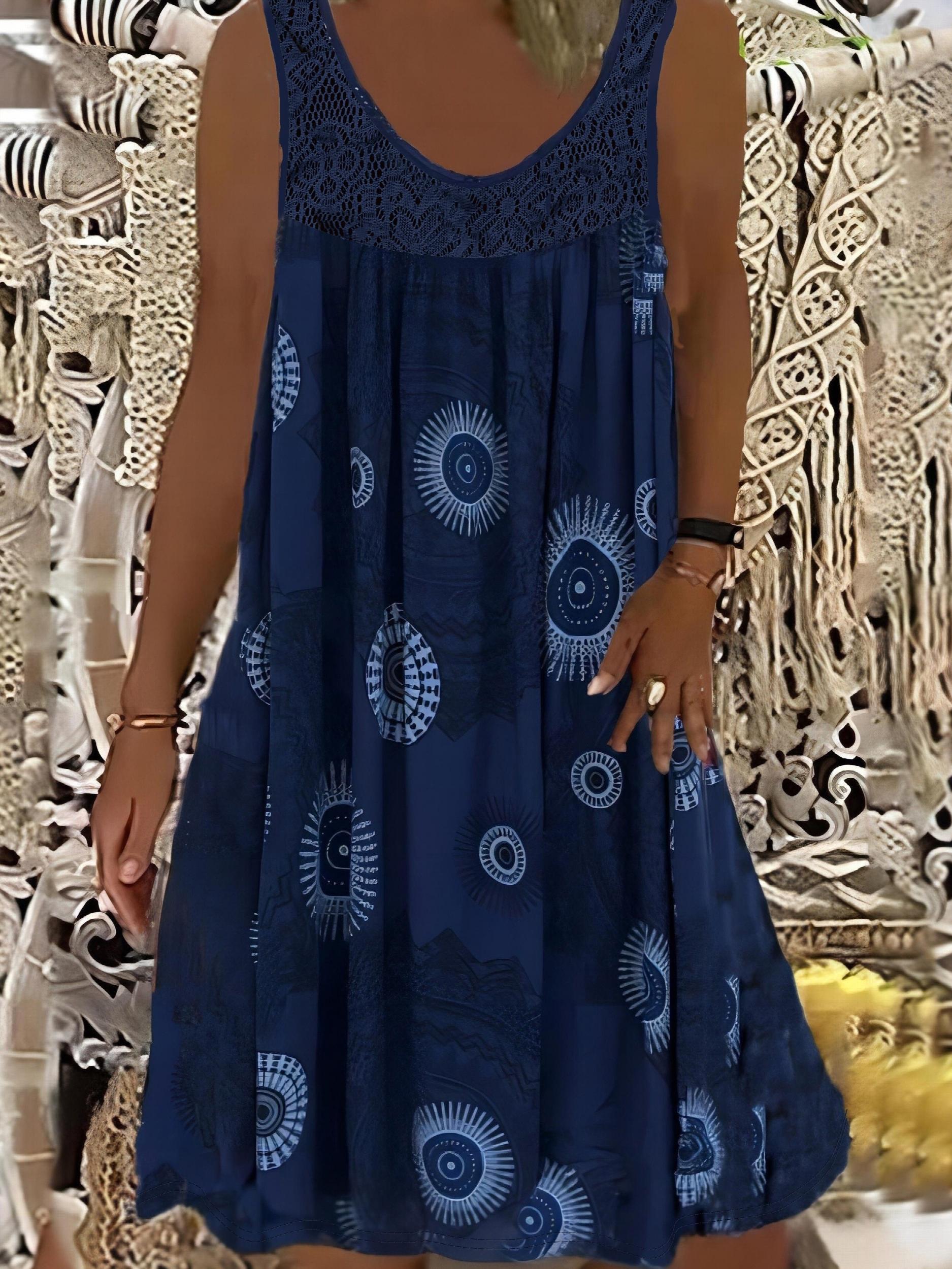 Tile Print Eyelet Embroidered Tank Dress