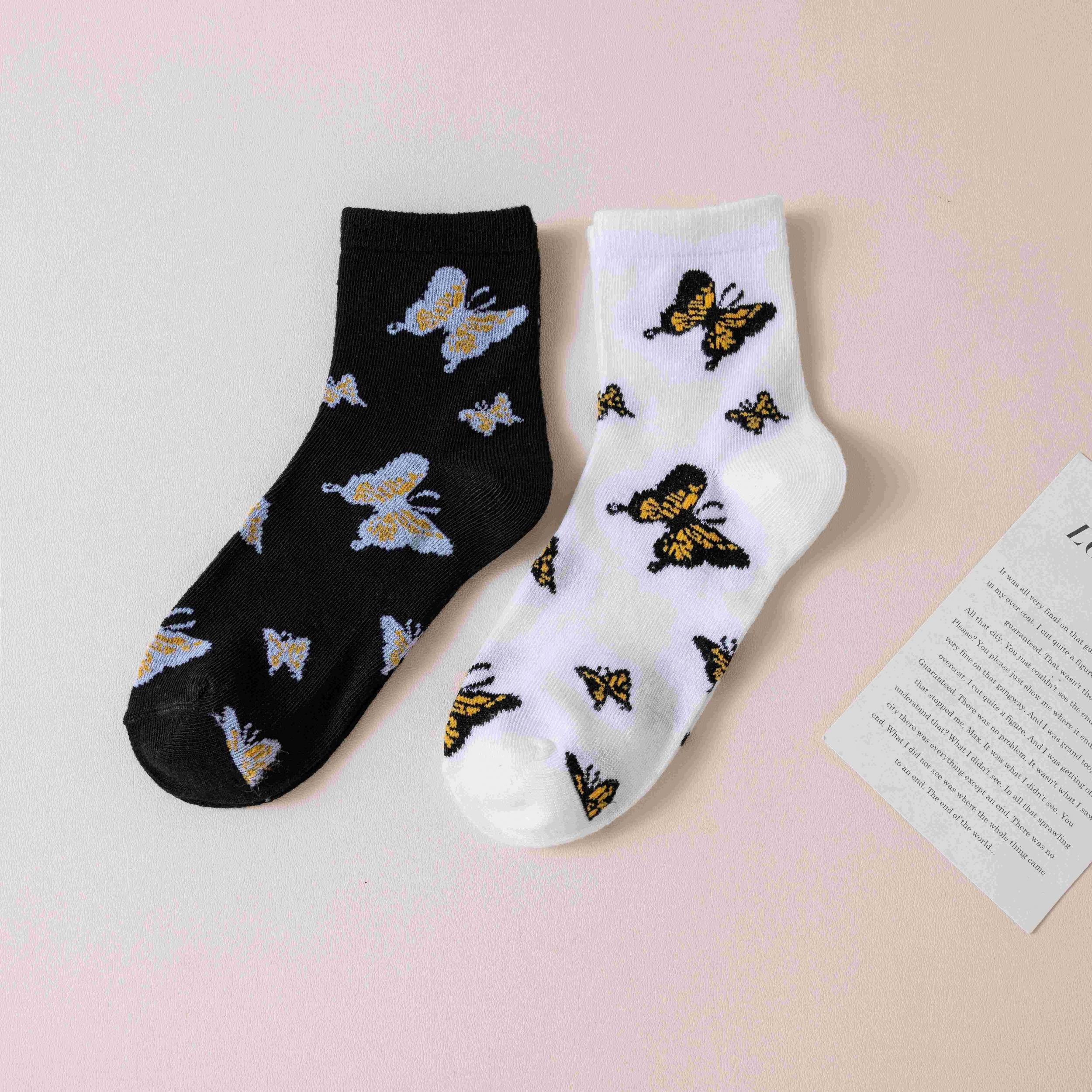 6 Pairs Butterfly Print Socks Comfy & Breathable Mid Tube Women's Stockings