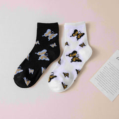 6 Pairs Butterfly Print Socks Comfy & Breathable Mid Tube Women's Stockings